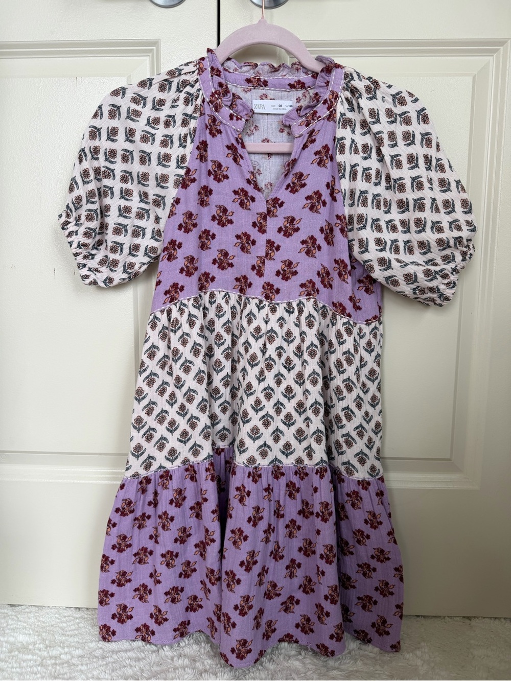 Zara Girls Lavender and White Mixed Print Tiered Dress